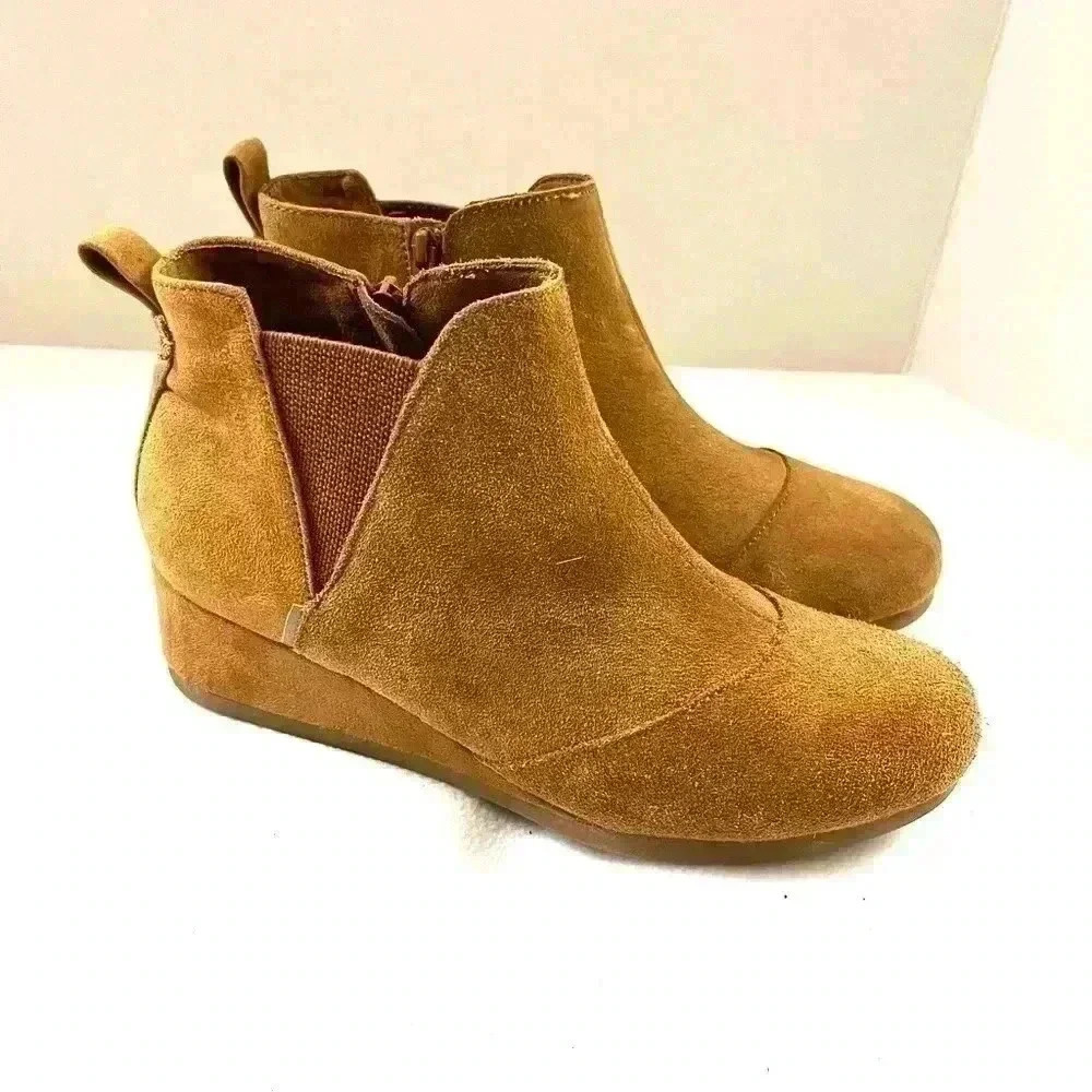 Tom’s Brown‎ Suede Bohemian Almond Toe Zip Comfort Walking Wedge Booties (6)